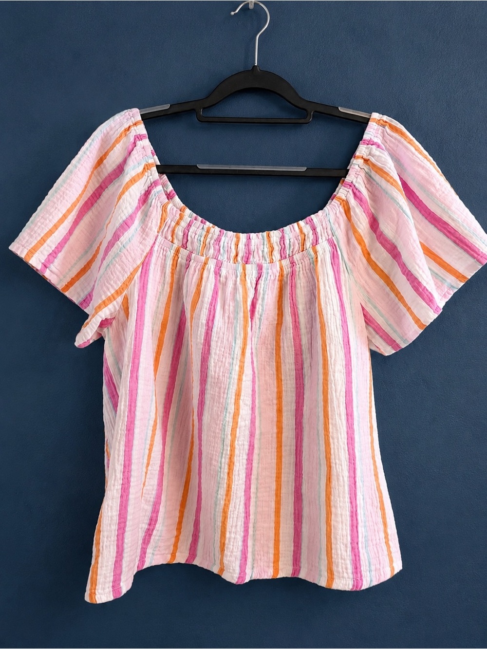 🍋 5/$25 100% Cotton Gauze Off Shoulder Stripe Boho Coastal Blouse Pink Orange - Picture 2 of 6